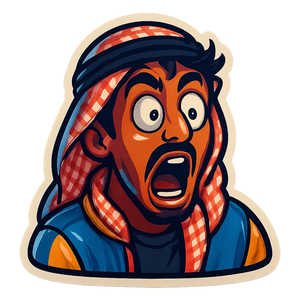 Ara, a young Arab man with medium brown skin, black hair, in casual Middle Eastern streetwear with keffiyeh scarf or hoodie, eyes bulging in shock, wild exaggerated facial expression, cartoonish, vibrant, bold, very expressive, emoji-style sticker sticker