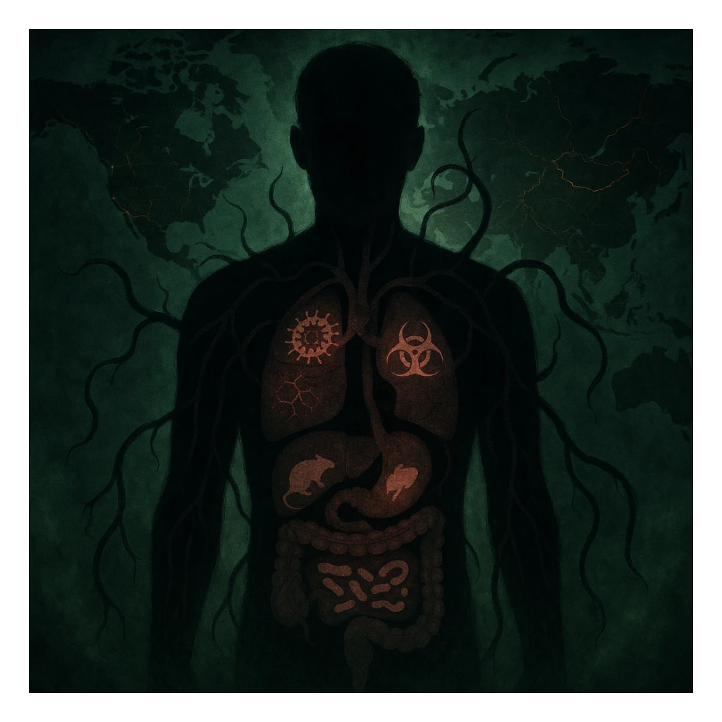 semi-realistic, moody style human silhouette, parasite tendrils reach organs, each organ with a faint disease symbol overlay, world map, glowing cracks, green mist sticker
