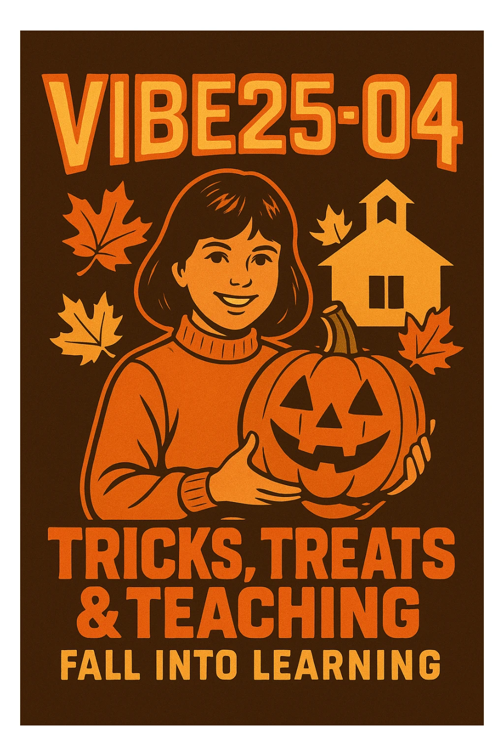 Create a logo that encompasses a retro 80's feel, nostalgic, ALSO RETRO.  Add the words "VIBE25-04: Tricks, Treats & Teaching: Fall Into Learning" sticker