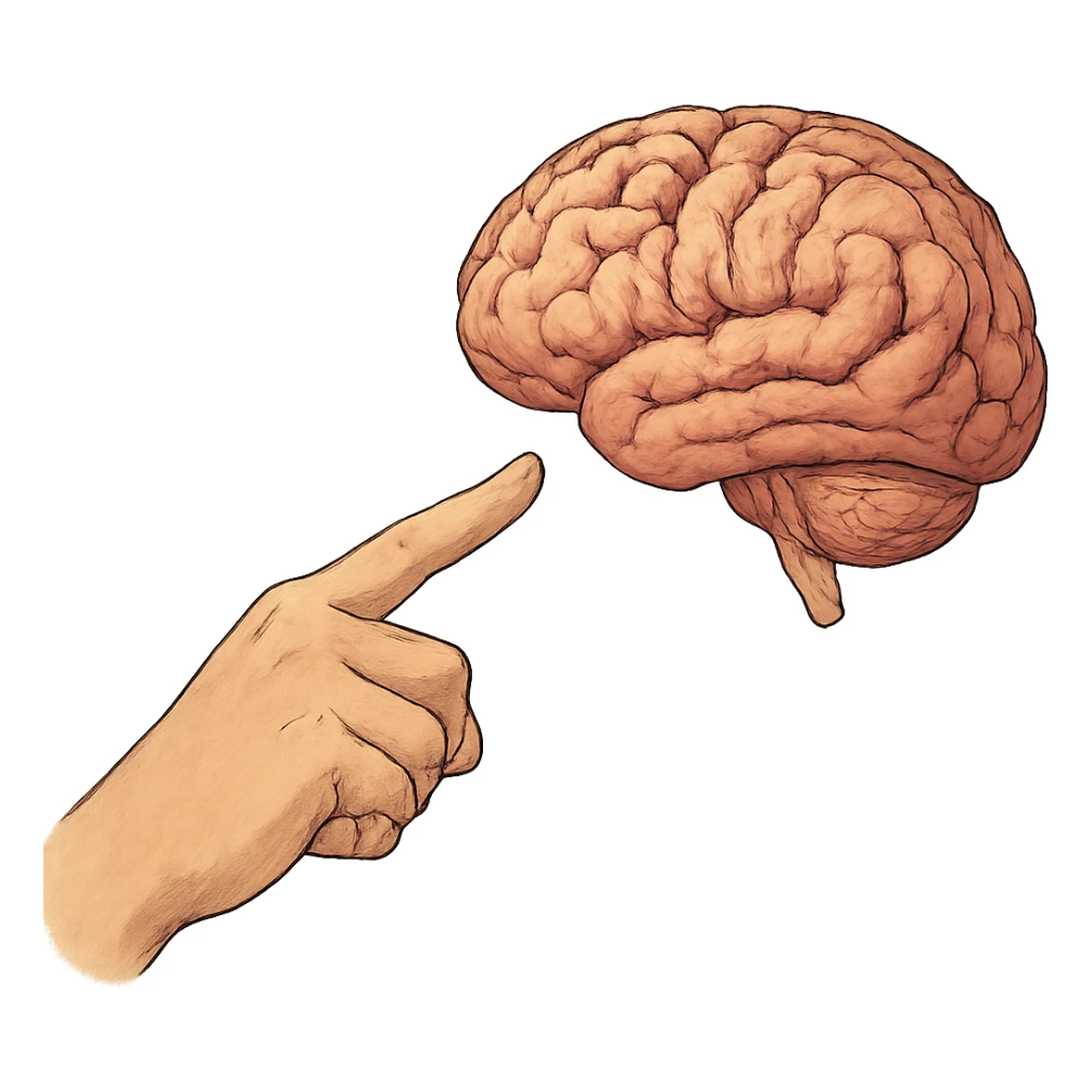 ghibli style a hand with detailed fingers pointing to a brain sticker