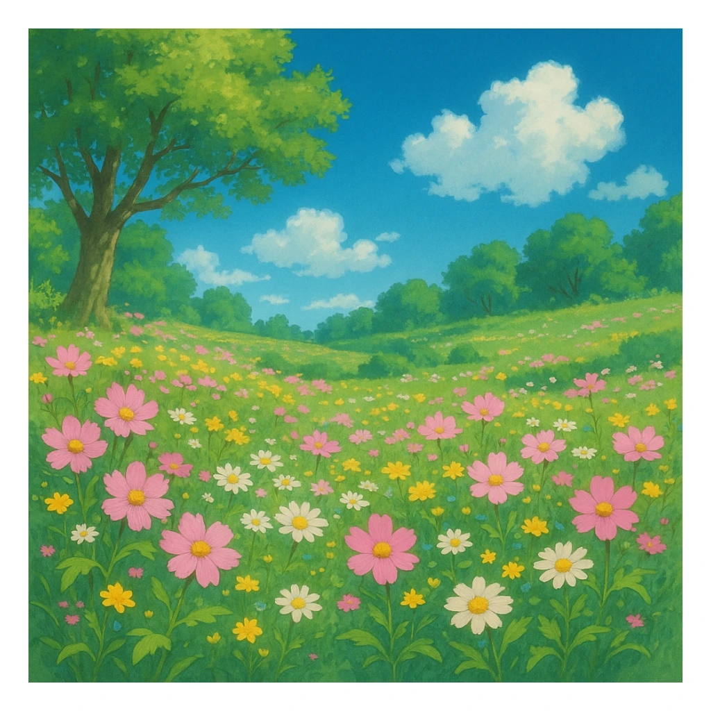 spring in ghibli style, blooming flowers, clear skies, lush greenery, serene atmosphere sticker