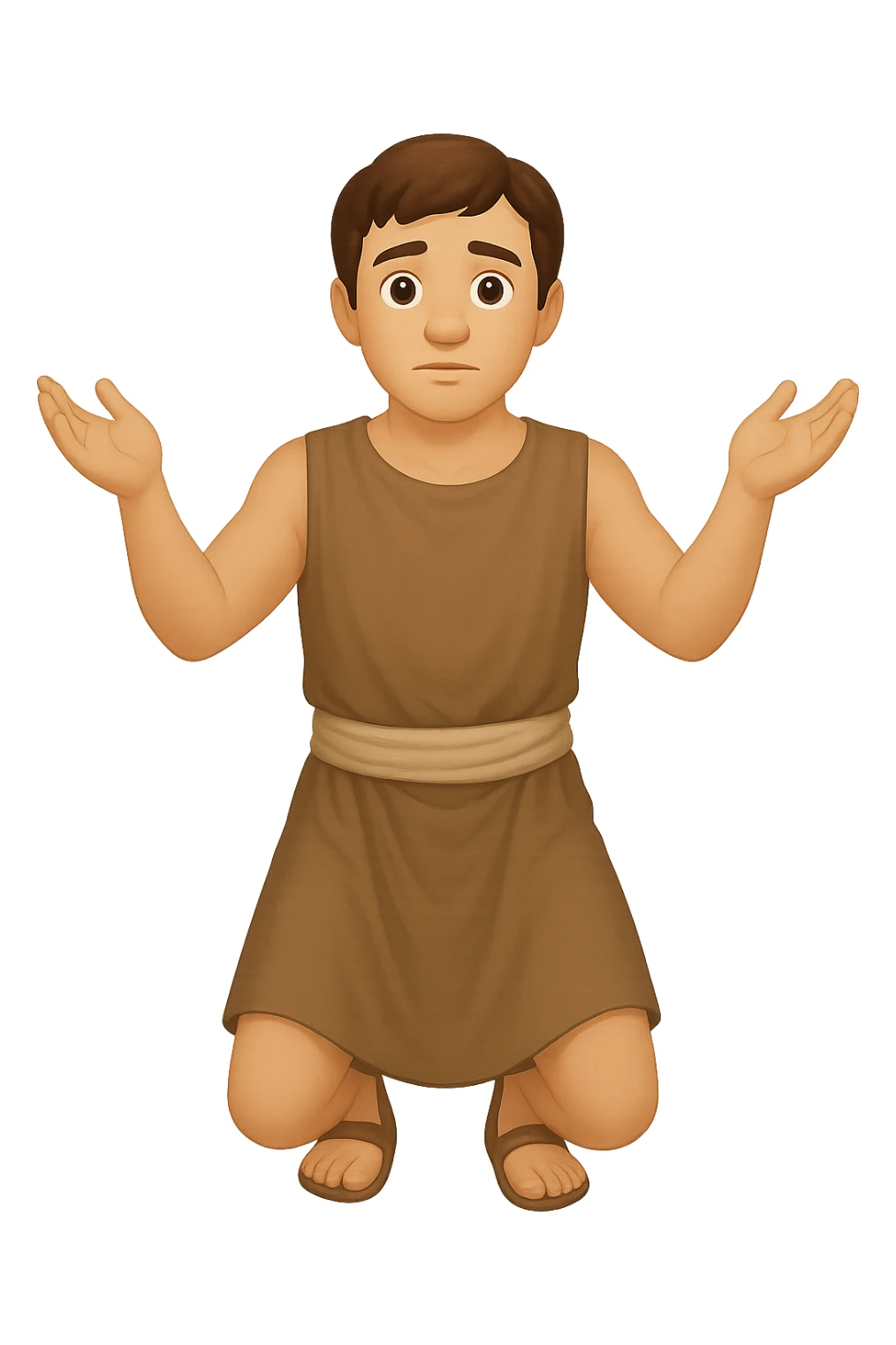 Remake this emoji in apple emoji style with brown hair and no silver handbands, fullbody apostle kneeling pose, variation 2. Keep the apple emoji style look and feel. sticker