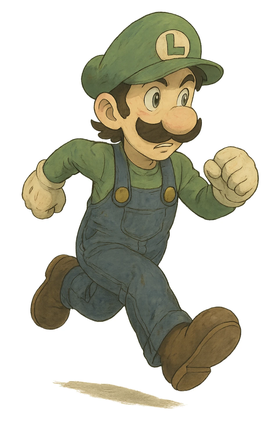 full body Luigi from Mario, classic green hat and blue overalls, running pose, ghibli style sticker