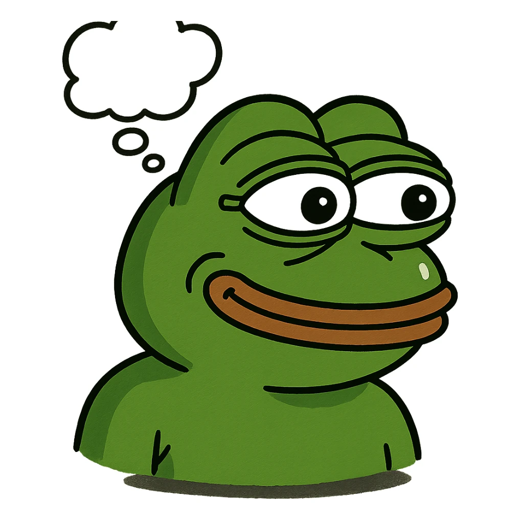 bright green Pepe the Frog in 3D style, smiling, with a thought bubble above his head, looking to the right, featuring strong highlights and shadows, and a drop shadow beneath sticker