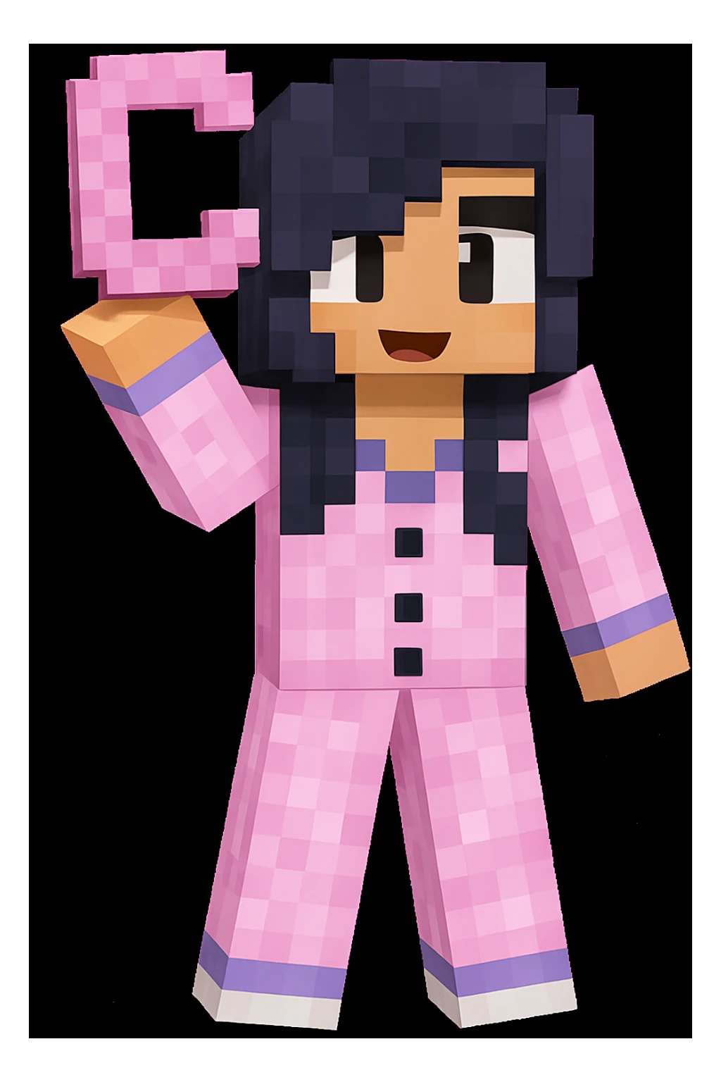 Edit the image to make the character hold the letter C in their hand, keeping the original Minecraft cartoon style and pose. Only add the letter C, do not change anything else. sticker