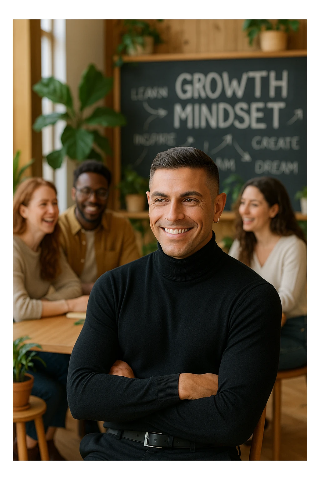 A confident man sitting in a cozy, modern coworking space, surrounded by positive, driven people engaged in creative conversation. He listens, learns, and occasionally smiles, visibly elevated by their presence. Behind him, a chalkboard or whiteboard with empowering words and ideas. The environment is filled with natural light, plants, and soft wooden textures. The atmosphere suggests emotional growth, support, and personal development. sticker