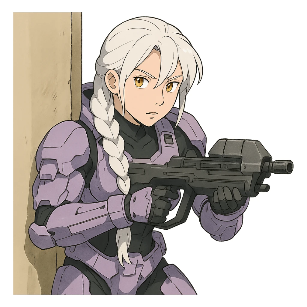 female, wearing reach spartan armor default, long white braid hair with massive messy front side single bangs, gold yellow eyes, attention pose, HALO:series, no helmet, the armor is lavender color scheme, shoulder pad off. DDD bust size fitting. Punk gothic cyberpunk, peeking around a corner while aiming a classic HALO1 AR, tactical, lean sticker