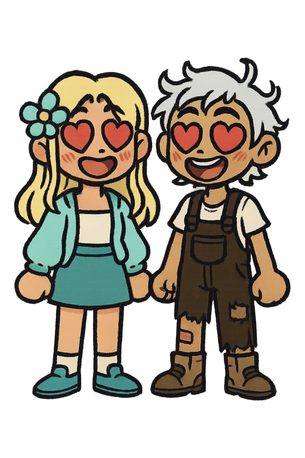Create a couple image of these two cartoon characters standing side by side, both with heart eyes and big smiles, matching their style, transparent background. sticker