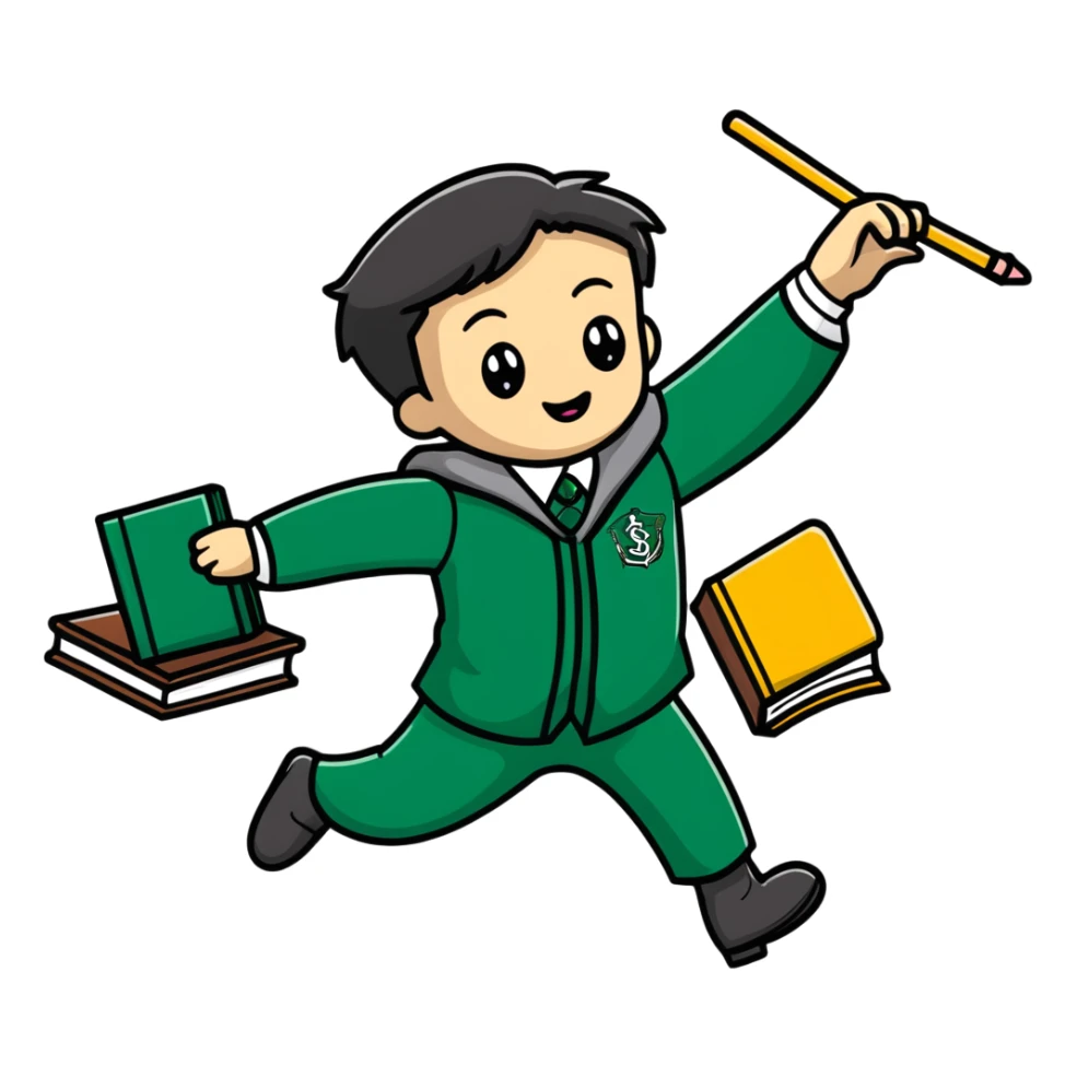Slytherin student tripping and falling with books and wand flying sticker