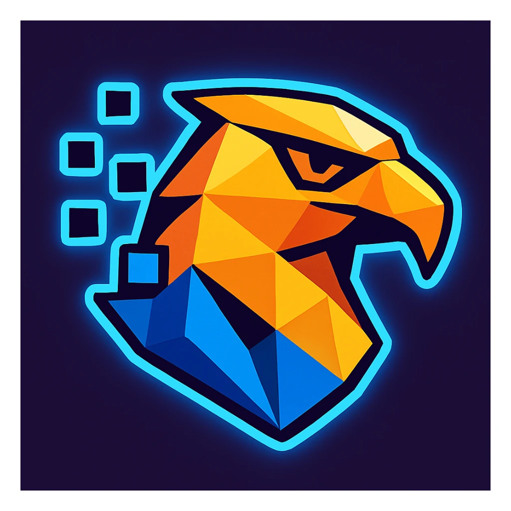 Add a vibrant blue neon glowing effect around the mini icon version of the abstract eagle head logo, emphasizing the AI and digital theme. Keep the design clean, modern, and visually striking, suitable for use as a small icon. sticker
