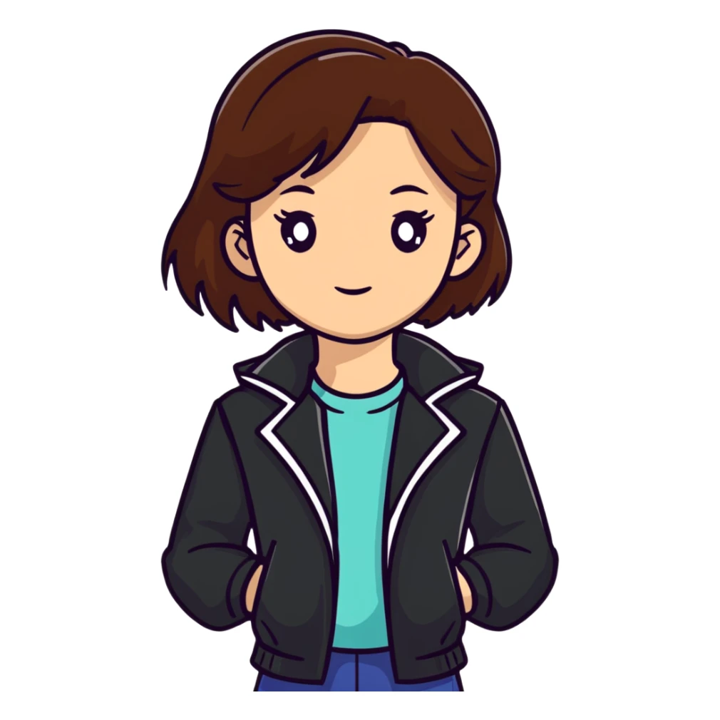 Light-skinned girl with brown hair wearing black jacket sticker