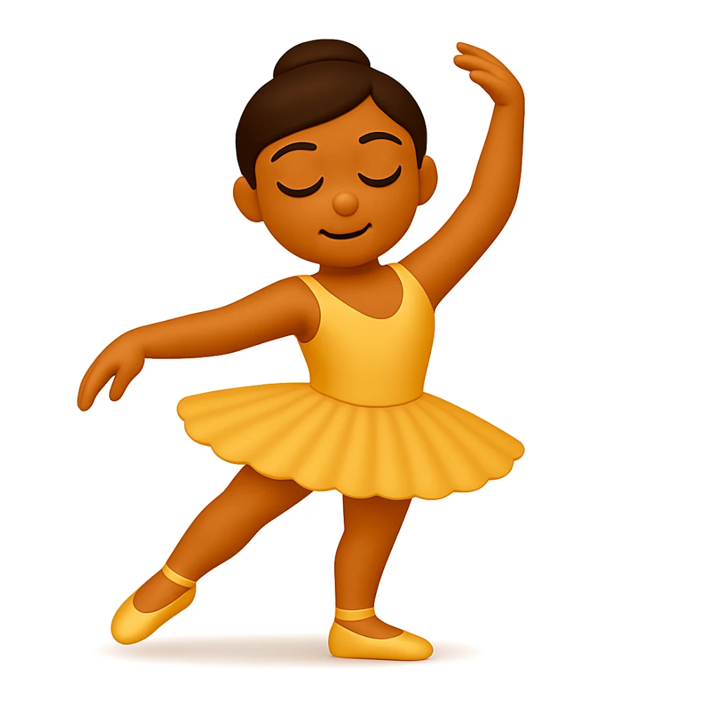 Keep the image just like the reference but show the ballerina's full legs in the style of iOS emoji. Same pose, yellow tutu, elegant, smooth, and shiny. Add a soft shadow under the feet. sticker