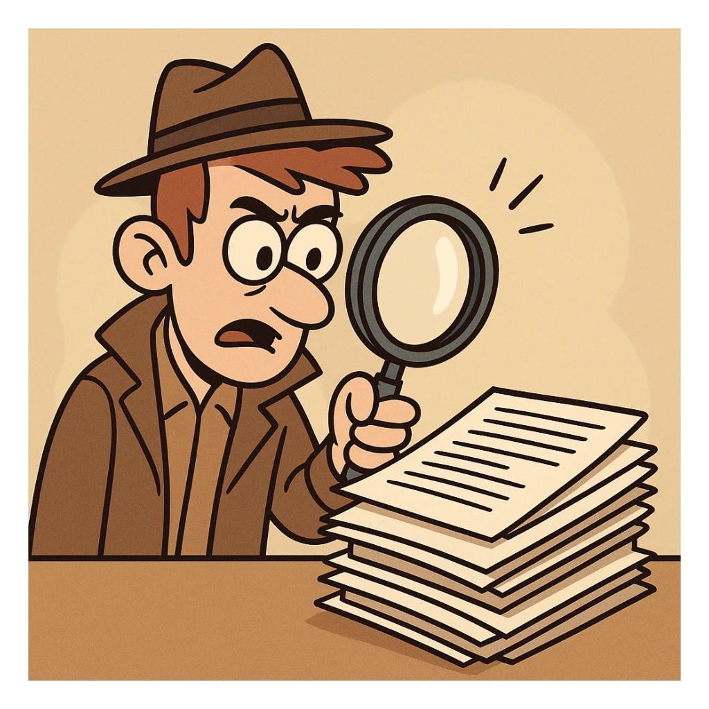 A magnifying glass above a pile of documents, symbolizing search, flat cartoon style sticker