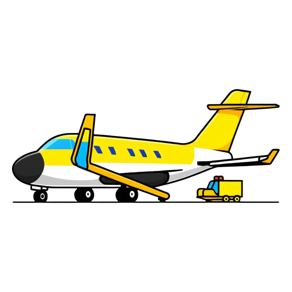 ramp agent with marshalling wands guiding aircraft, wearing bright yellow coat sticker
