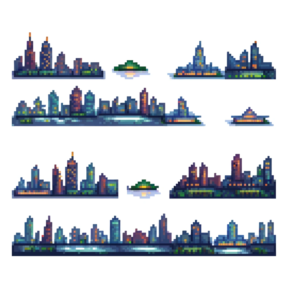 pixel art style banner with a city skyline at night sticker