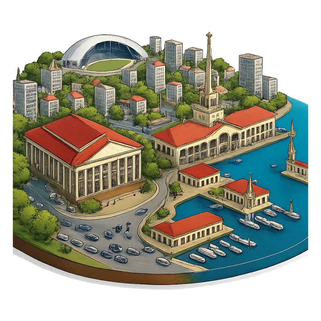 Изометричная, яркая, детализированная и фотореалистичная иллюстрация панорамы города Cочи на круглой подставке в стиле 3D-коллажей городов, ОДНО! здание Морского Порта, ОДИН! Зимний театр, ОДИН! стадион Фишт, море чёткие линии, слегка мультяшная стилистика, прозрачный фон, не обрезать края картинки sticker