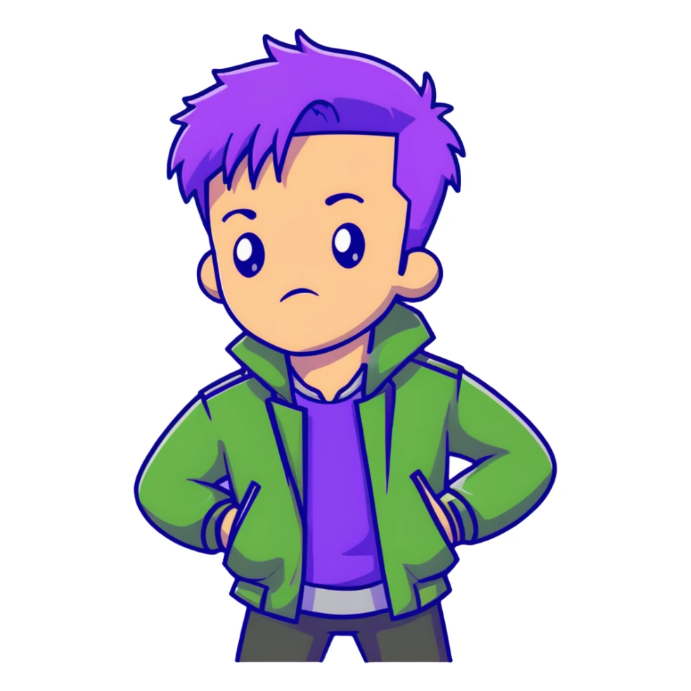 Man with stylish green jacket and purple hair, strong pose, bold expression, modern clothing style sticker