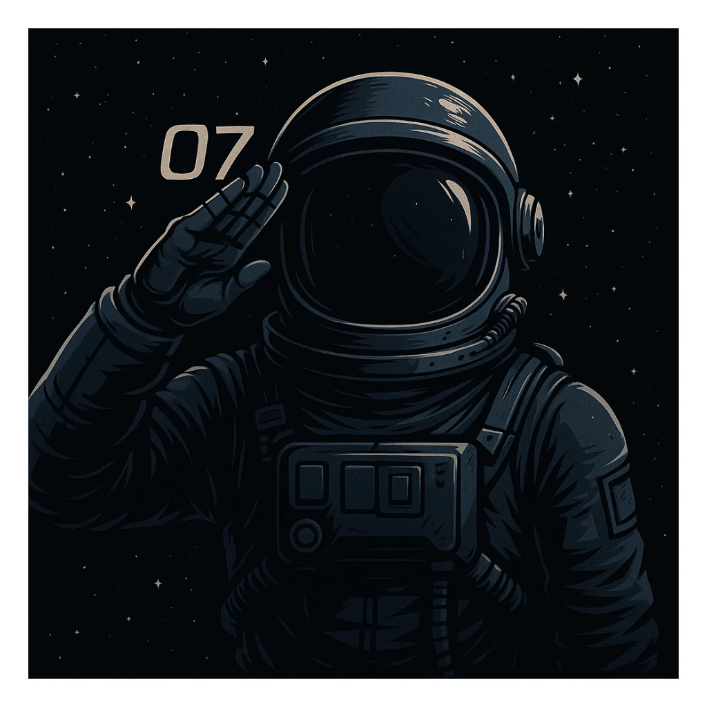 Astronauta haciendo el gesto de saludo o7, estilo espacial, fondo de estrellas, para un canal rebelde, colores oscuros, detalles espaciales sticker