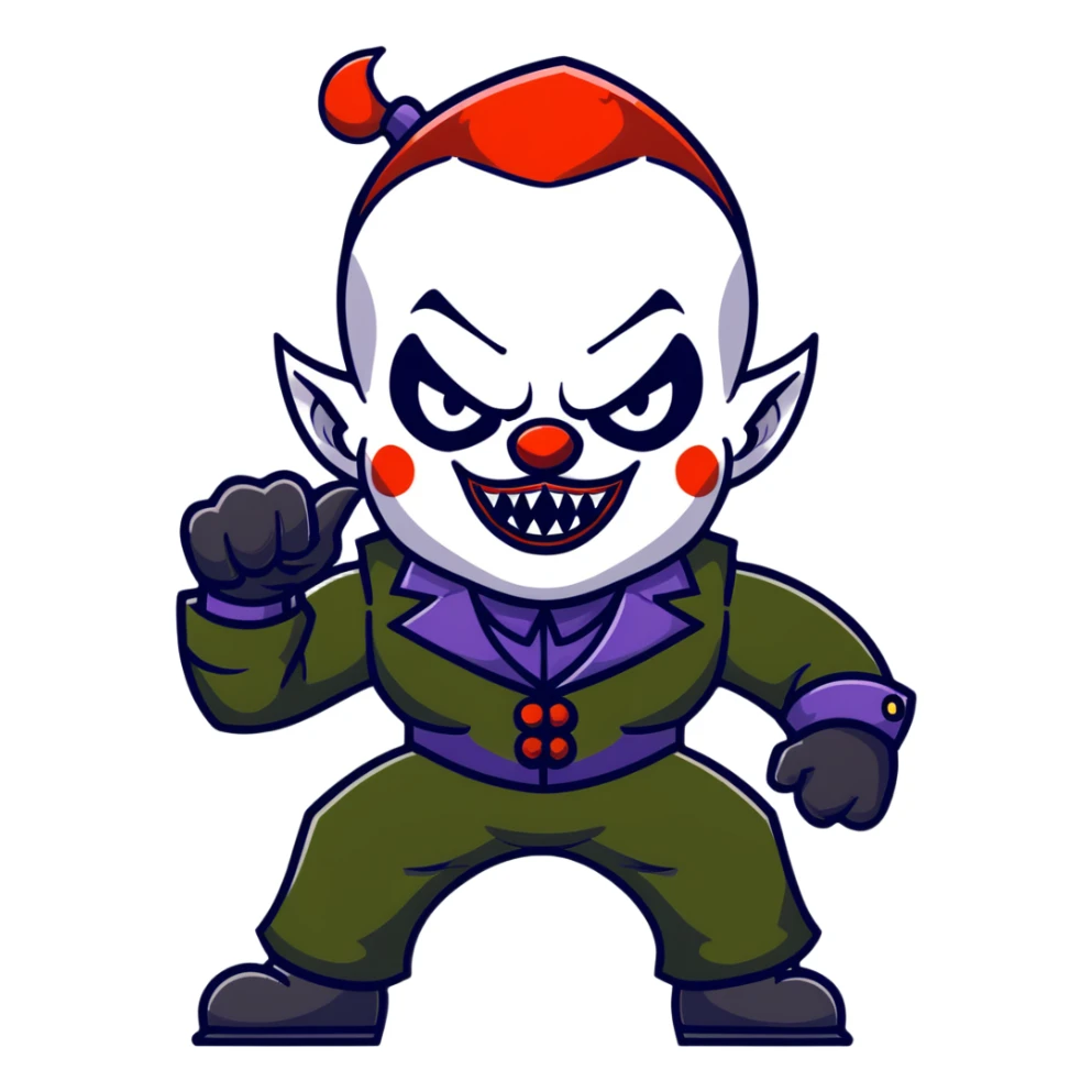 evil clown warrior, bald, short black devil-like horns on forehead, fangs, pointed ears, black and military green leisure suit with bellbottom pants, realistically proportioned, less bulky, full body visible, battle-ready fighting posture sticker