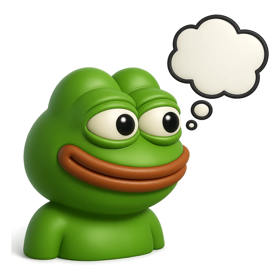 make a pepe in bright green smiling with thought bubble looking at right side in 3d style, good highlights and shadows, drop shadows sticker