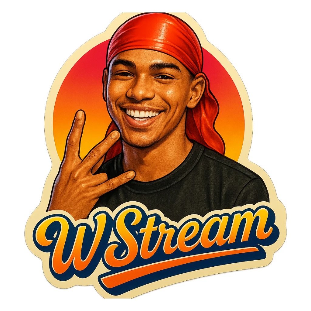 Make him Smiling 
Twist middle finger and ring finger crossed over to form a W
Change His durag To Red
Add the words W Stream sticker