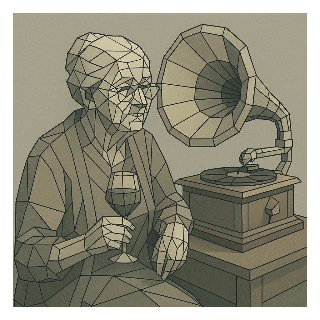 old lady with wineglass listening to gramophone sticker