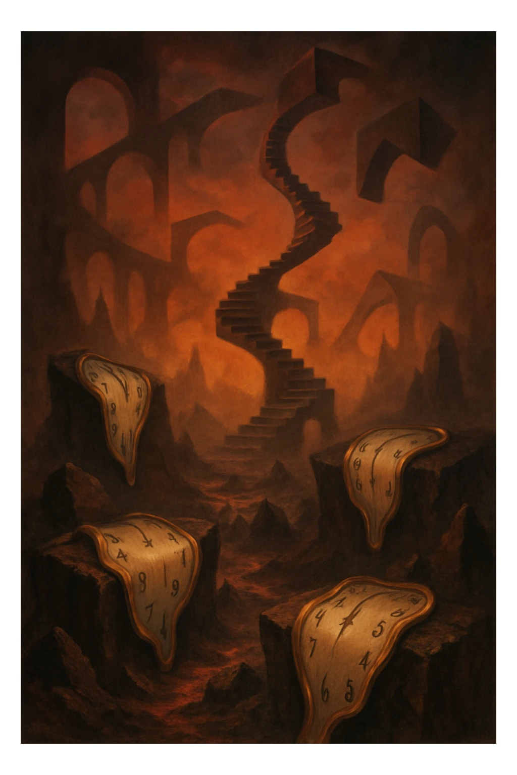 a surreal hell landscape with melting clocks, impossible geometry, dreamlike atmosphere sticker