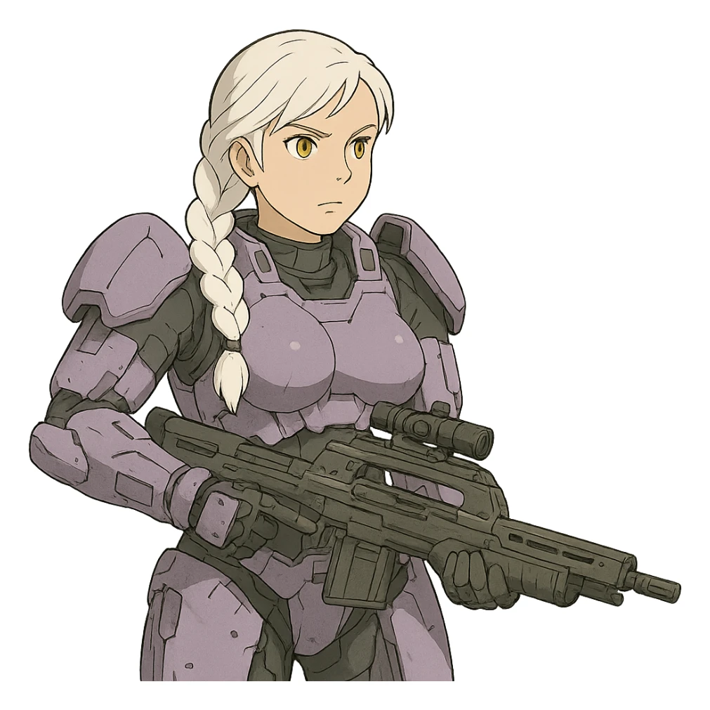 female, wearing reach spartan armor default, long white braid hair, gold yellow eyes, attention pose, halo series, no helmet, the armor is lavender color scheme, shoulder pad off. DDD bust size fitting. Punk gothic cyberpunk, brandishing a dmr sticker