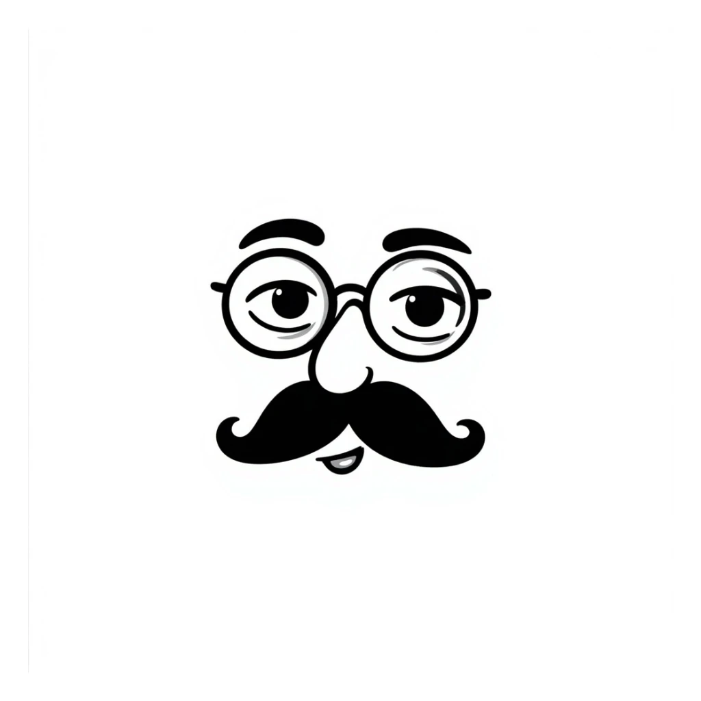 neutral face emoji with a quirky twist, monocle and mustache, hand-drawn doodle style sticker