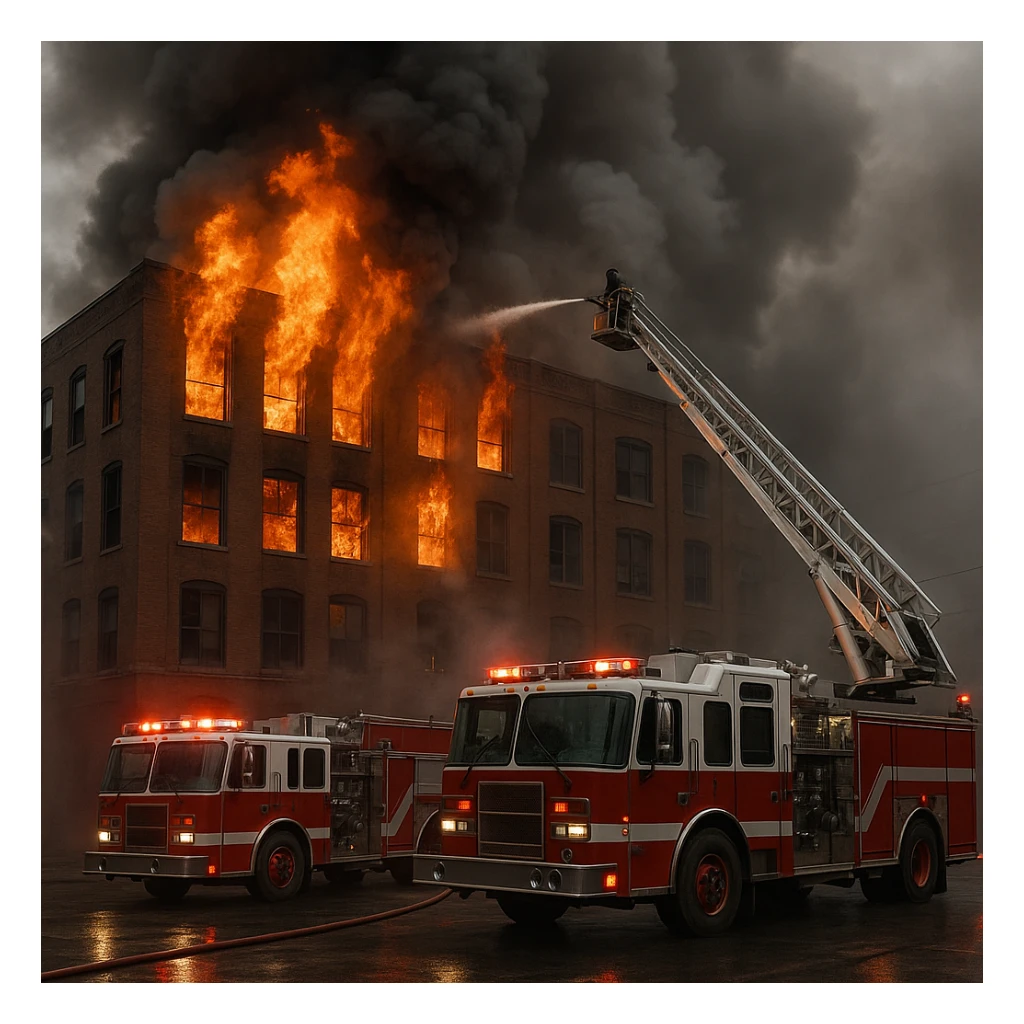 burning building with fire trucks and smoke in an emergency sticker