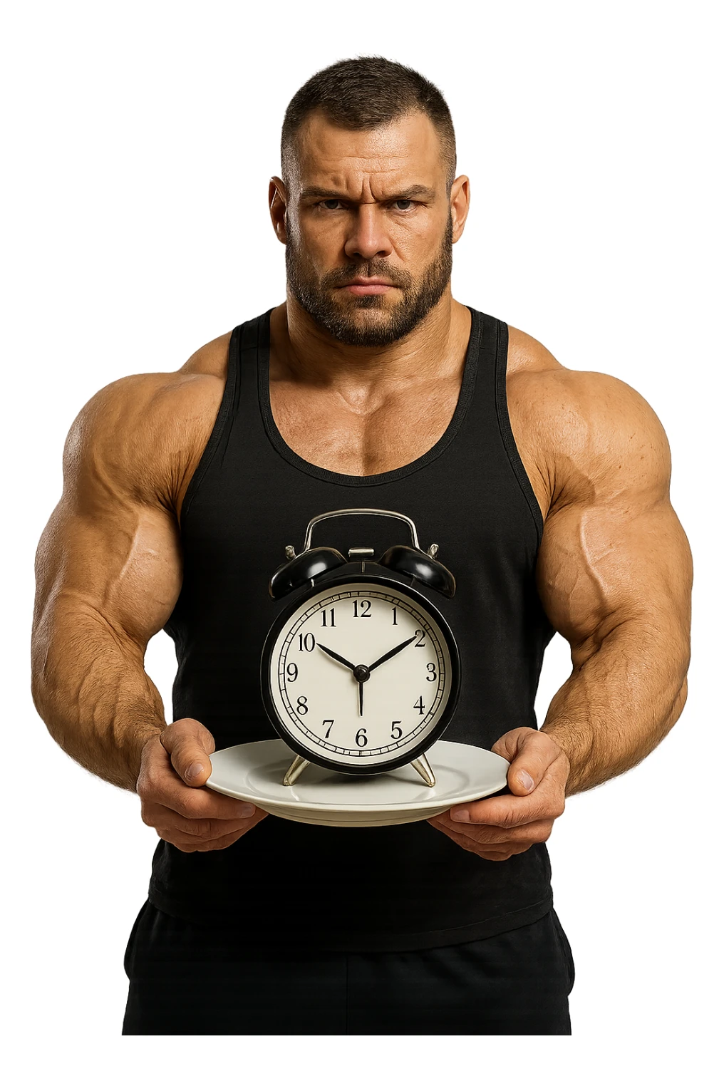 bodybuilder che ha un piatto in mano con un orologio che simboleggia il digiuno intermittente, iperrealistico 4k sticker