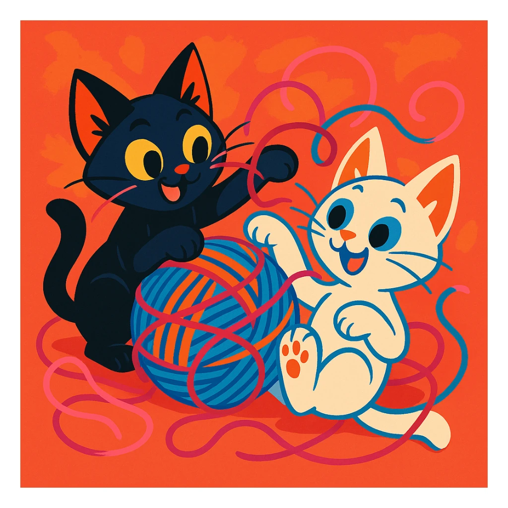 two mischievous kittens tangled in a ball of yarn, one black and one white, lively and colorful style sticker