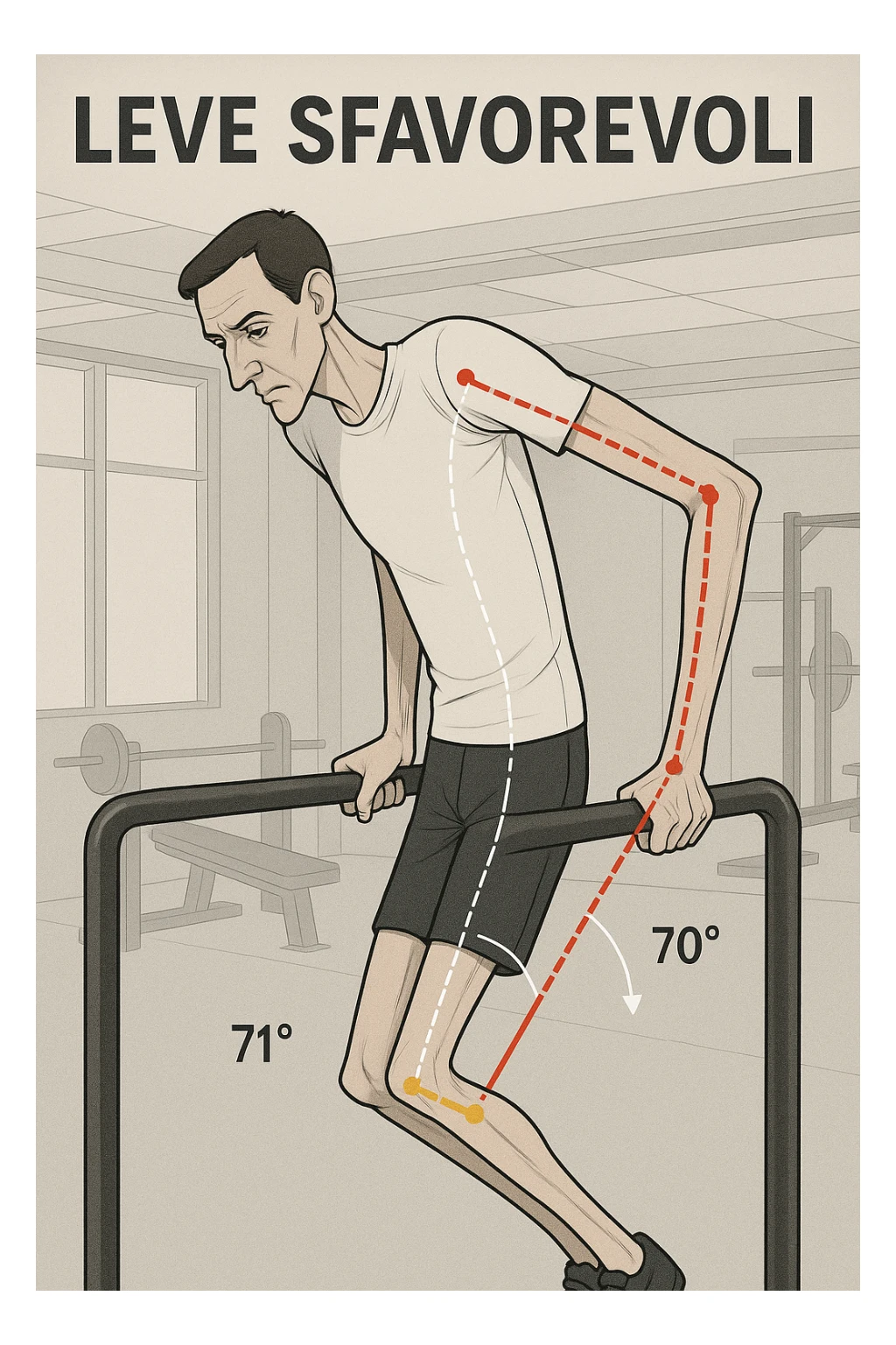 a tall, lean man with very long arms and a short torso attempts a dip on parallel bars. His elbows are deeply bent and his body appears awkwardly positioned, highlighting the mechanical disadvantage. An overlay shows anatomical lines and angles, with labels explaining “Leve Sfavorevoli” The background is a modern gym, with a focus on biomechanics. in italiano sticker