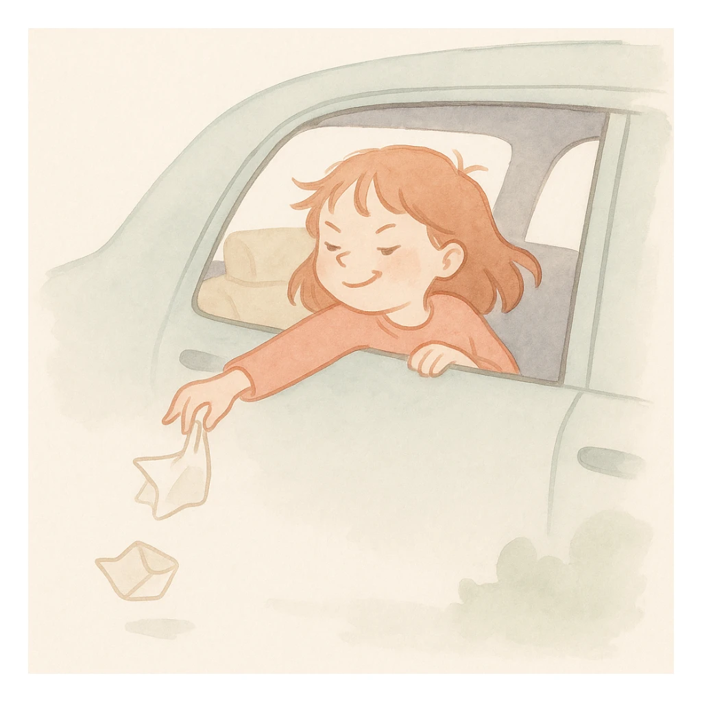 soft watercolor illustration in a minimalist modern style, pastel colors, delicate linework, gentle whimsical mood, minimal soft shading, scene of a mischievous girl sitting in the back seat of a car, throwing trash outside the window sticker