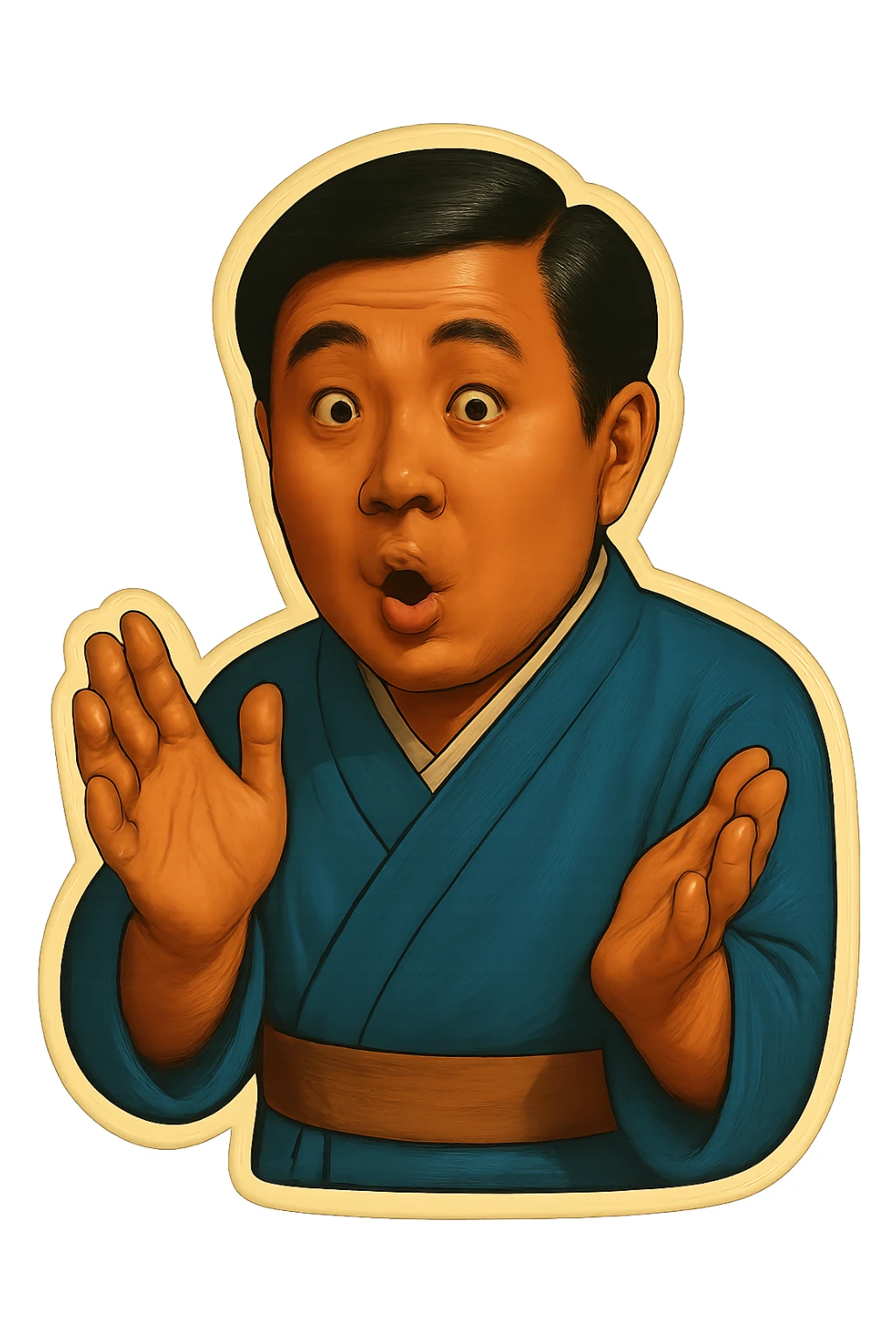 The same Japanese man in traditional kimono looks at the viewer with a surprised look, and his hands are empty sticker