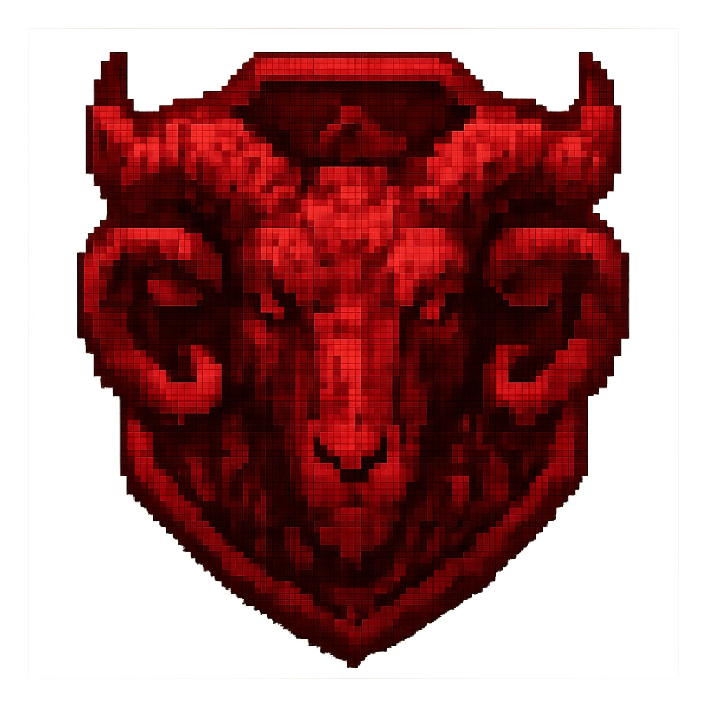 Edit the image to make the badge red and add a ram in pixel art style. Remove the background. The style should be pixel art with pixelated details and colors. sticker