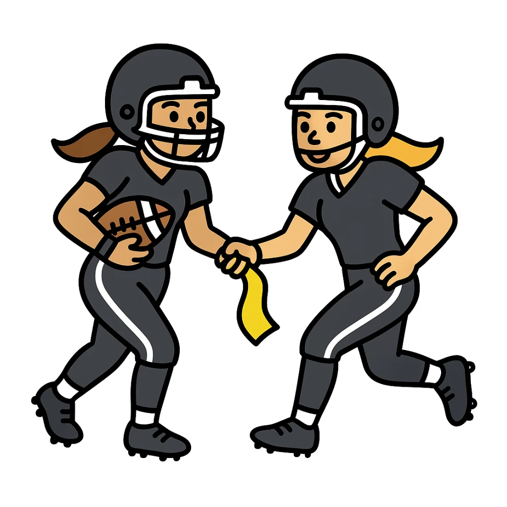 Update to show a woman pulling a lemon lime colored flag from another player's belt, both wearing helmets and black uniforms with white accents, with a football present. No country flags. Keep the background transparent. sticker
