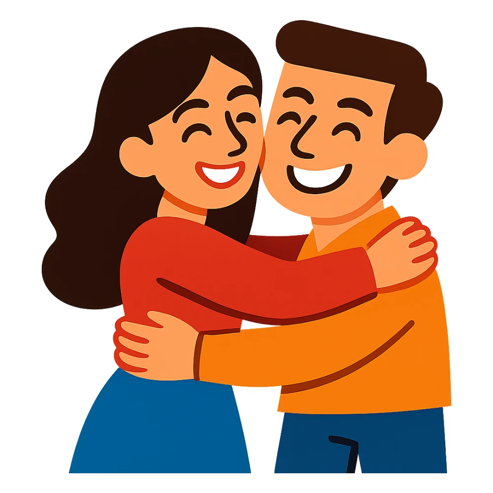 a beautiful brunette woman hugging a man, stylized cartoon, bright colors, joyful expressions, no background sticker