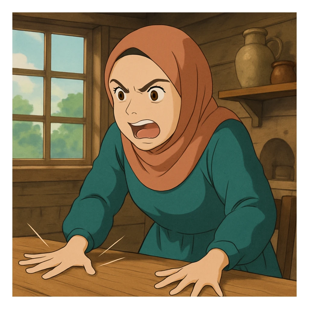 ghibli style hijabi woman slamming table in anger sticker