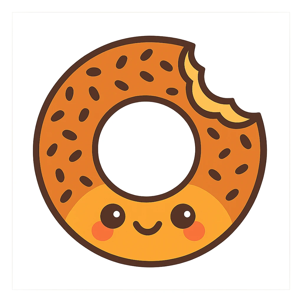 a simit, stylized as a cute cartoon with a bite taken out sticker