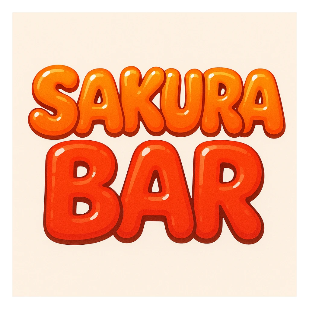 bubble letters in orange and red that say 'Sakura Bar', rounded and glossy, energetic and lively sticker