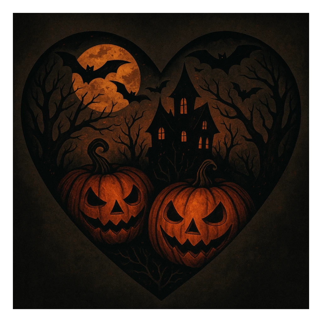 heart with Halloween theme, spooky, pumpkins, bats, dark colors sticker