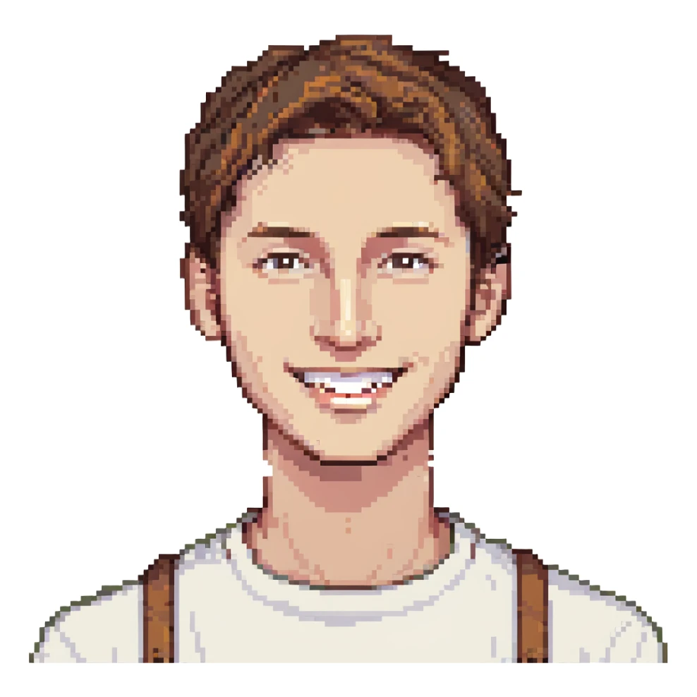 A man with short brown hair, with a smile sticker