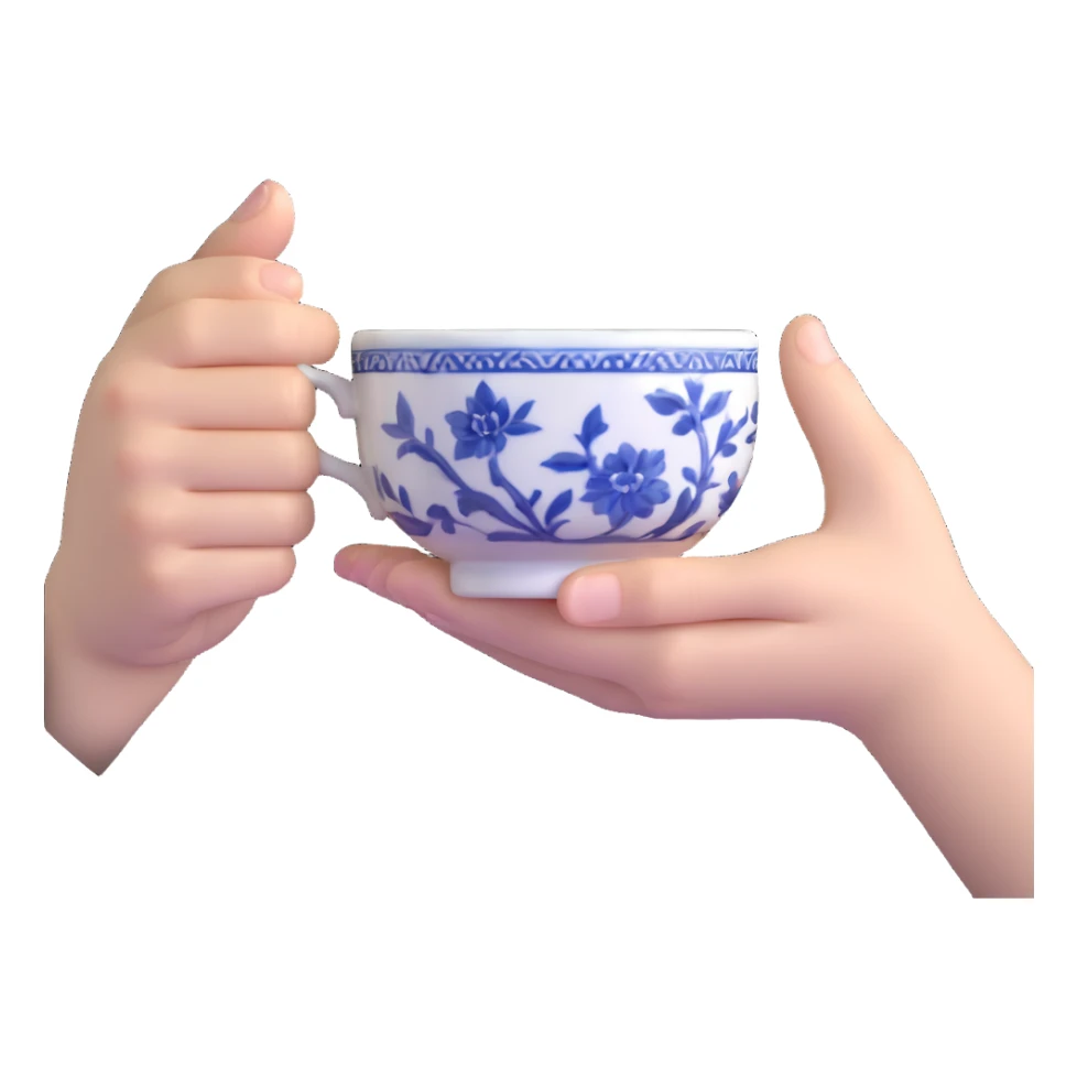human hand holding a small traditional Chinese blue and white porcelain tea cup without handle sticker