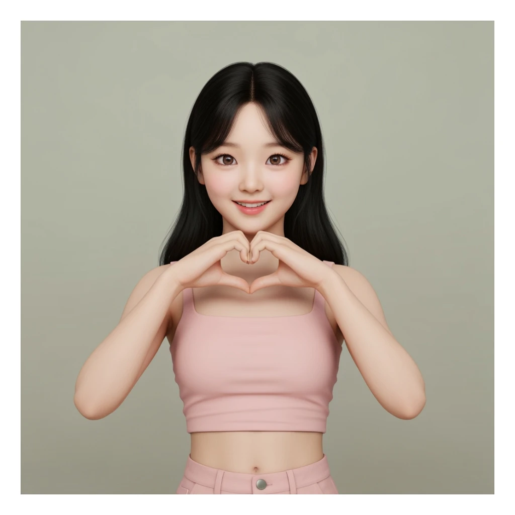 kpop girl with heart hands, cute, expressive, minimal sticker