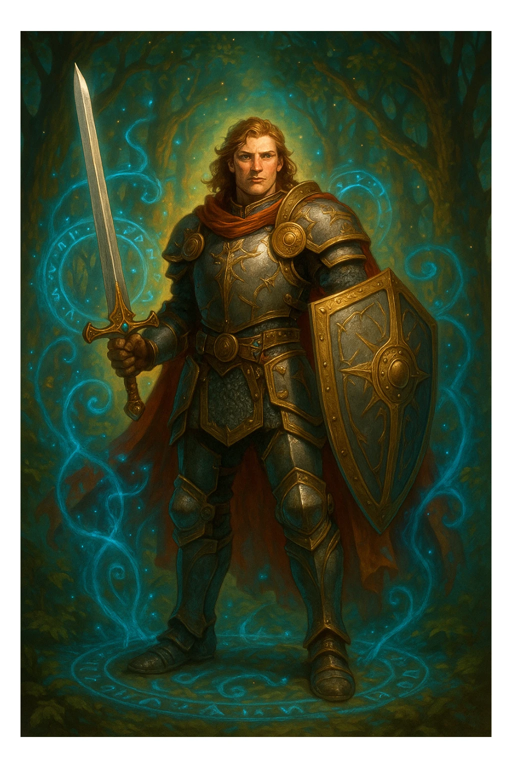A heroic fantasy character inspired by classic fantasy systems, standing confidently with a sword and shield, wearing armor, in a magical setting sticker
