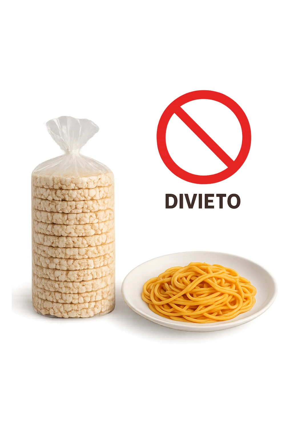 confezione di gallette di riso con accanto un piatto di pasta con divieto sopra, in italiano,  realistici sticker