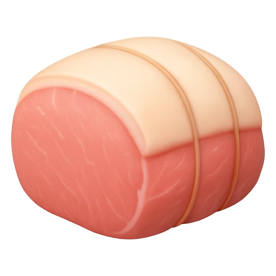 Create an image of a whole raw pork roast with a thick, rounded shape, light pink flesh, smooth slightly moist surface, creamy white fat cap on top, subtle marbling, optionally tied with simple butcher's twine. Remove any face or anthropomorphic features. No tray, garnish, or extras. The style should emulate the Apple emoji style with soft lighting and subtle shadows, emoji scale, and transparent background. sticker
