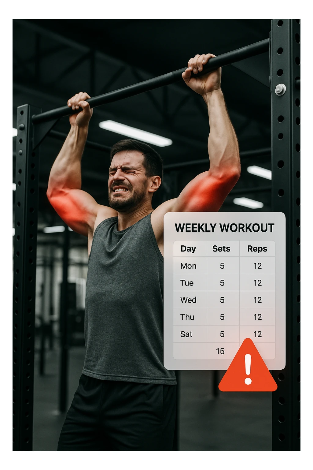 a man in gym attire performs pull-ups on a bar, with his elbows highlighted in bright red to indicate inflammation. A digital overlay shows a weekly training log with high numbers of sets and reps, and a warning icon appears next to the log. The man’s face shows pain and fatigue. The background is a modern gym, emphasizing the link between excessive training volume and injury. scritto in italiano sticker