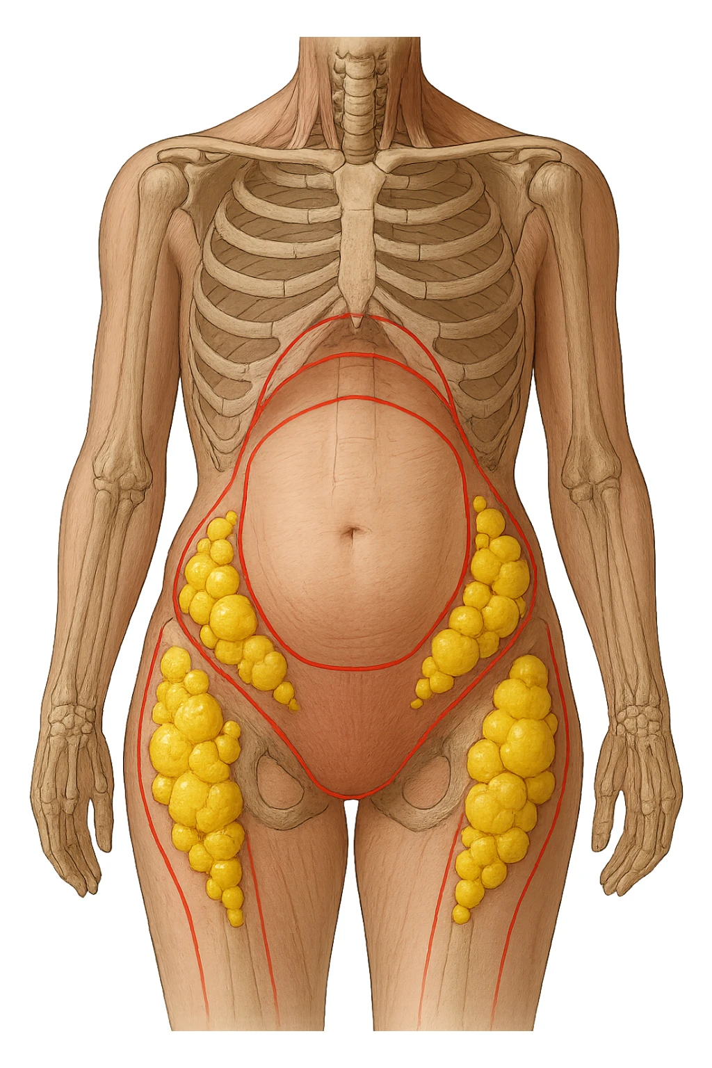 corpo umano anatomico con addome e fianchi segnati in rosso, grappoli di cellule adipose gialle su fianchi e addome sticker